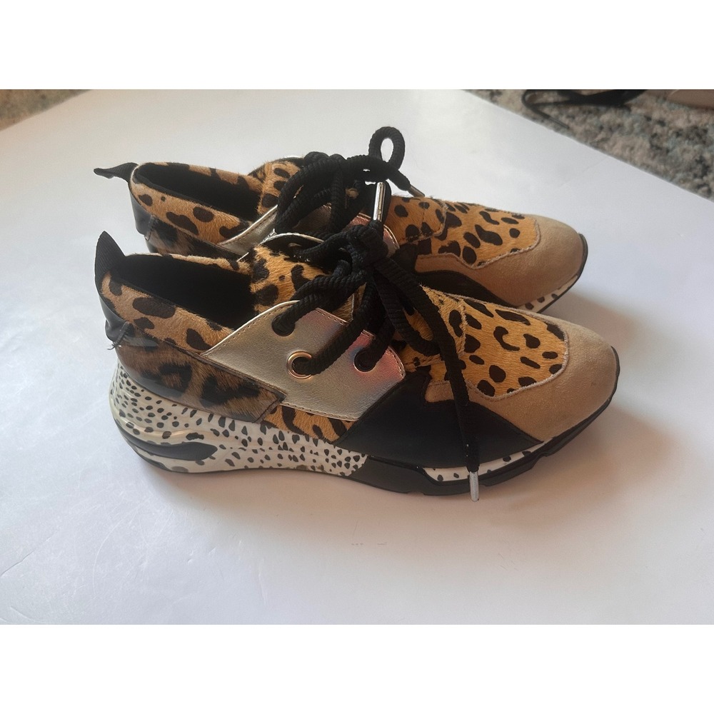 Steve Madden Cliff‎ Leopard Print Cow Hair Leather Sneakers Tan Black Silver 7M